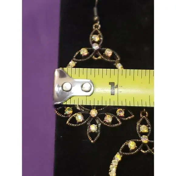 Ornate Bronze Tone Metal And Aurora Borealis Rhinestone Crystal Dangle Earrings - Picture 5 of 9